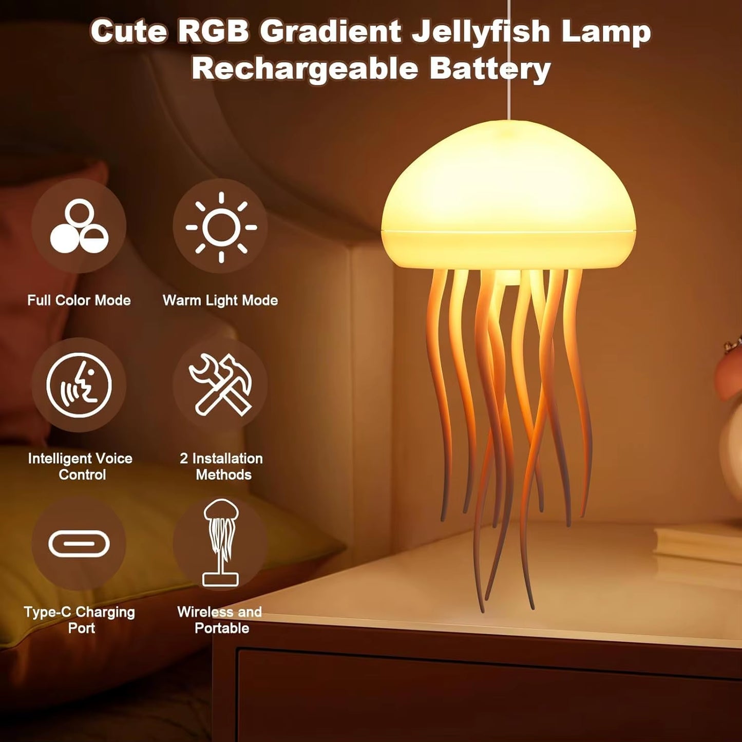 LED Voice Control Floating Jellyfish Lamp, 4 Modes,7 Colors Gradient Table Atmosphere Night Light with Dancing Legs for Bedroom