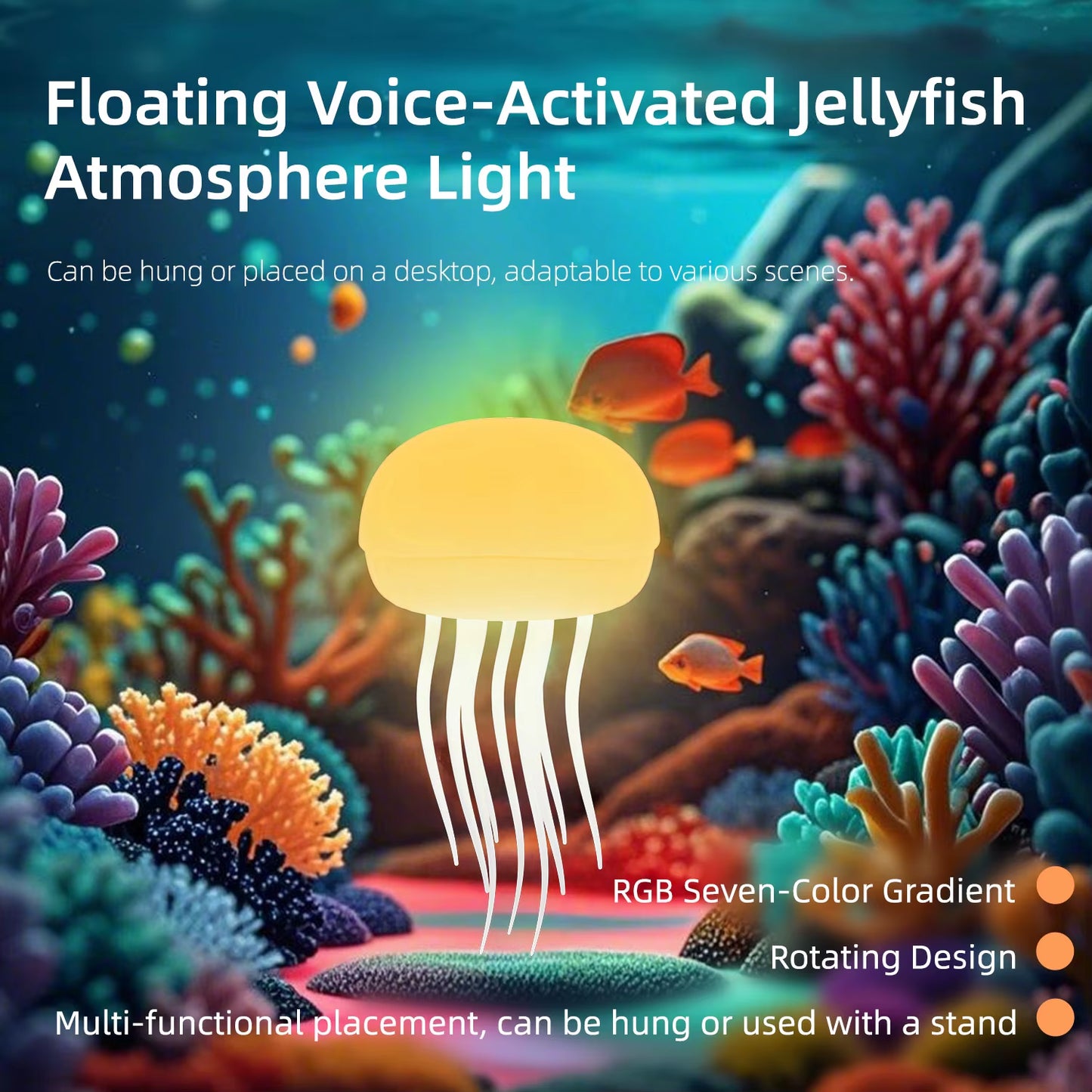 LED Voice Control Floating Jellyfish Lamp, 4 Modes,7 Colors Gradient Table Atmosphere Night Light with Dancing Legs for Bedroom